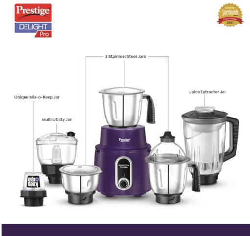 Prestige Delight Pro Mixer Grinder 750 W, 6 Jars, (1500 ml, 1000 ml, 1500 ml, 450 ml) (Purple) - Image 2